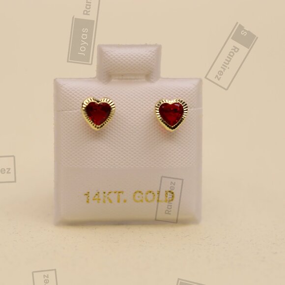 14K Gold Heart Stud Earrings • 5 mm Ruby CZ • July Birthstone Gift. - Picture 1 of 7